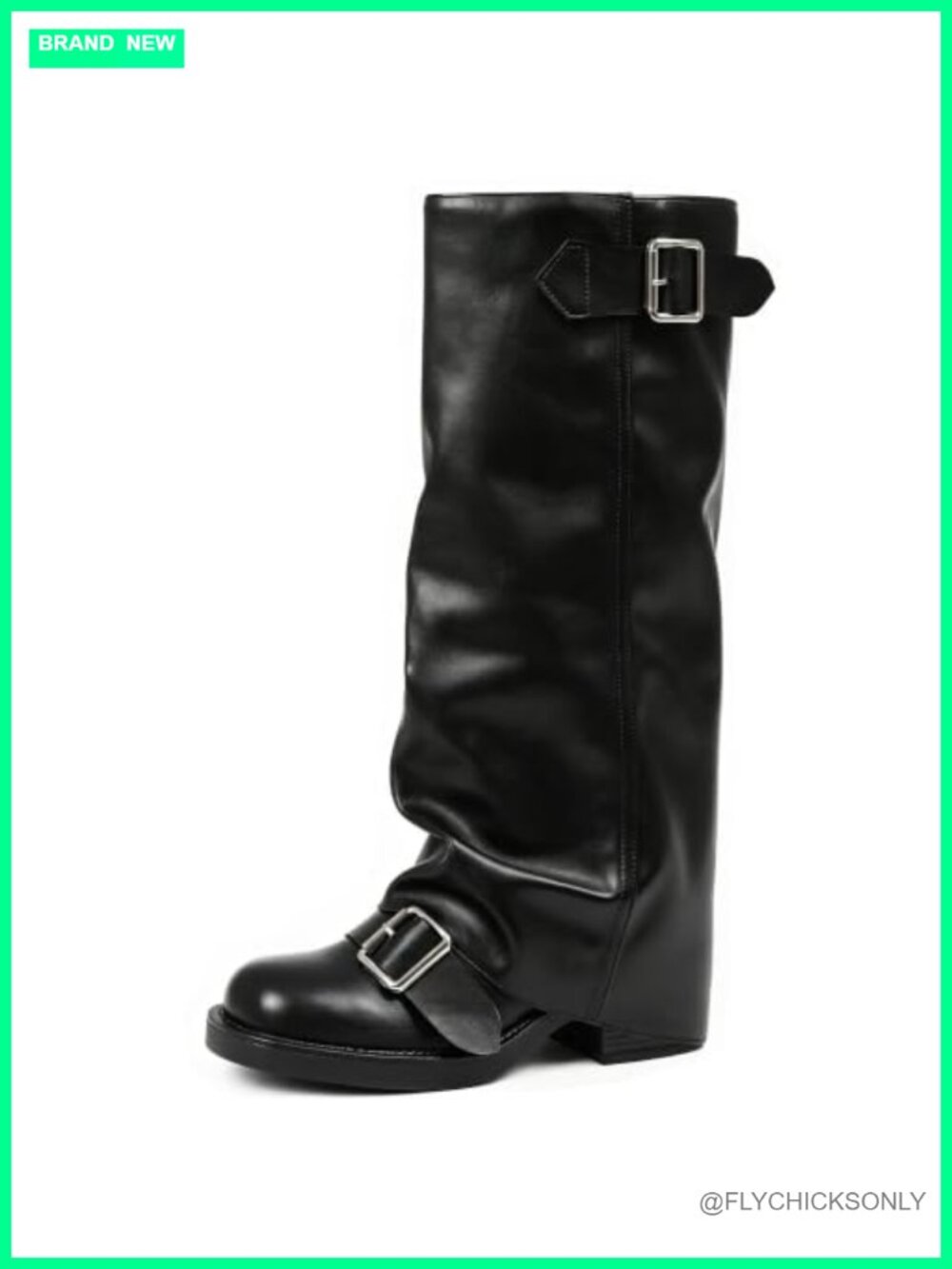 Fold Over Knee High Boots Slouchy Pull On Block Heel Round Toe Women
